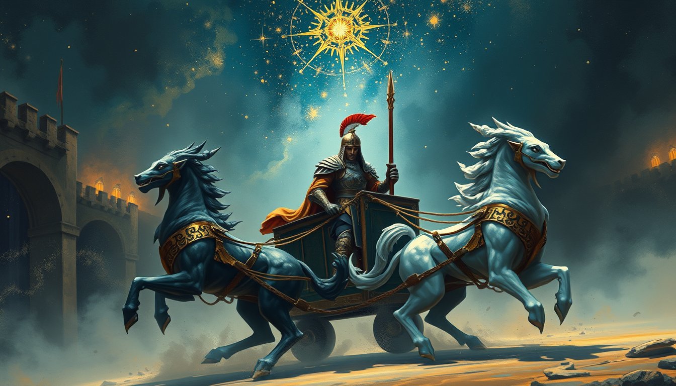 Determined warrior in a chariot drawn by two sphinxes under a star canopy — The Chariot tarot card, willpower and victory