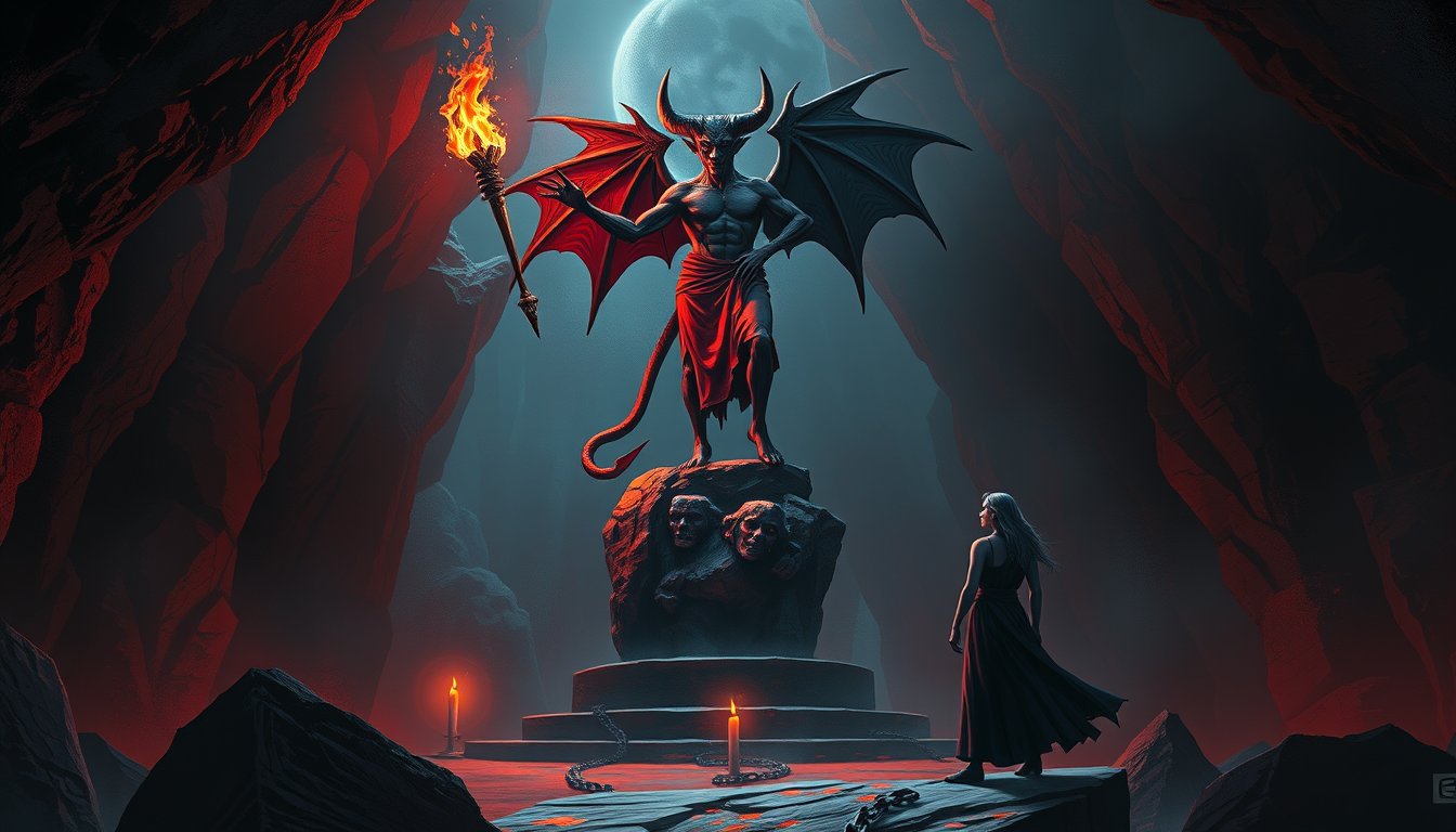 Horned devil figure on a pedestal with a man and woman in loose chains — The Devil tarot card, temptation and attachment