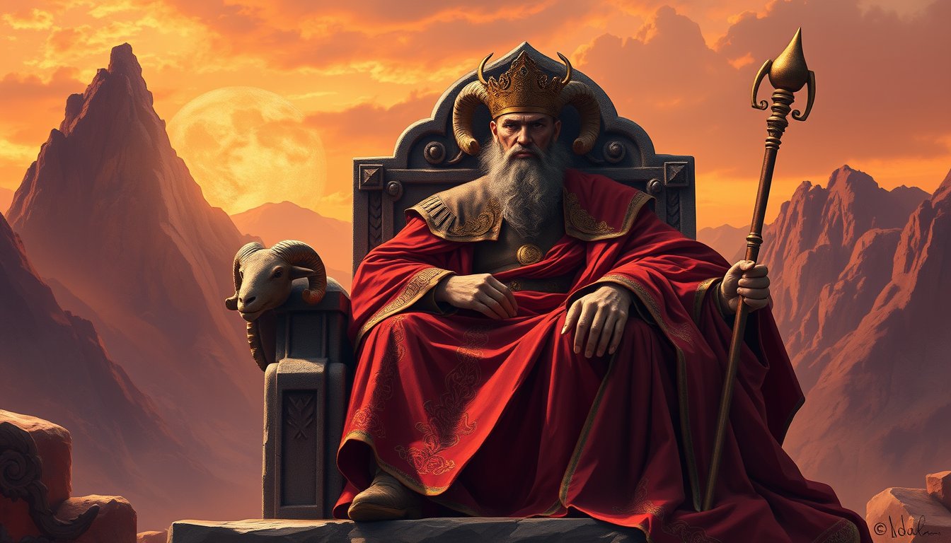 Wise bearded emperor on a stone throne carved with ram heads — The Emperor tarot card, authority and structure