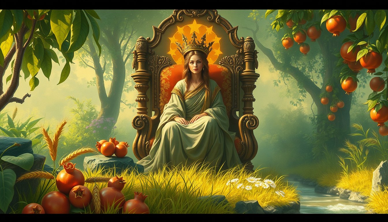 Regal woman on a throne in a lush garden wearing a crown of stars — The Empress tarot card, abundance and nurturing