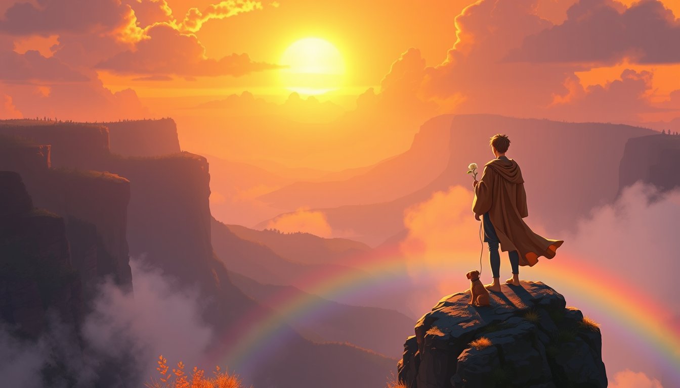 Young wanderer at the edge of a sunlit cliff with a white rose — The Fool tarot card, new beginnings and free spirit