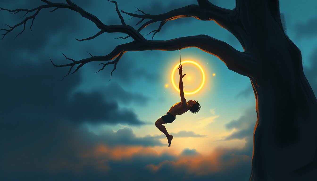 Serene figure hanging upside down from a T-shaped tree with a golden halo — The Hanged Man tarot card, surrender and perspective