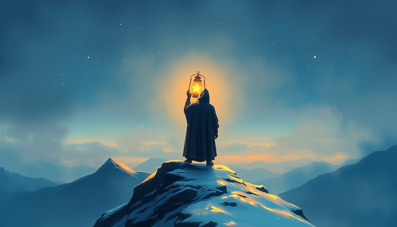 Cloaked hermit holding a glowing lantern on a snowy mountain peak — The Hermit tarot card, solitude and wisdom