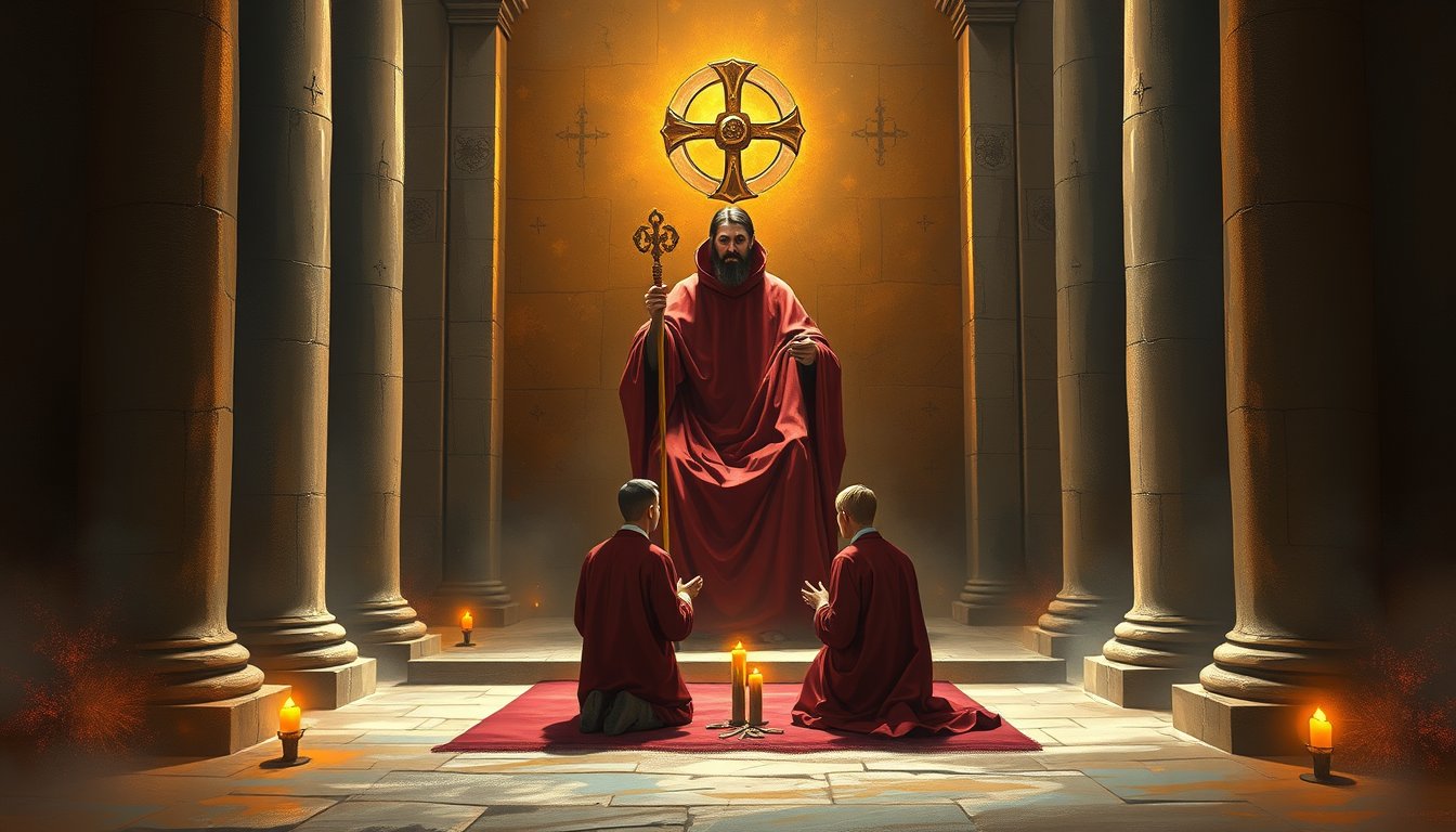 Holy figure in red robes between two pillars with two kneeling acolytes — The Hierophant tarot card, tradition and guidance