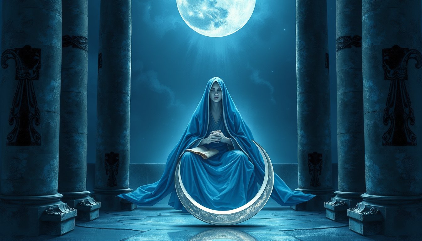 Serene priestess seated between two stone pillars with a crescent moon — The High Priestess tarot card, intuition and secrets
