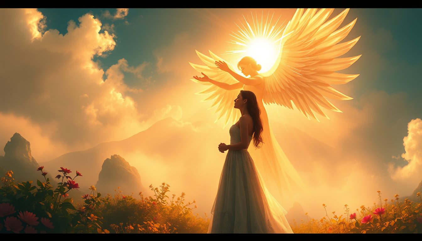 Couple standing beneath a radiant winged angel in a garden — The Lovers tarot card, love and choices