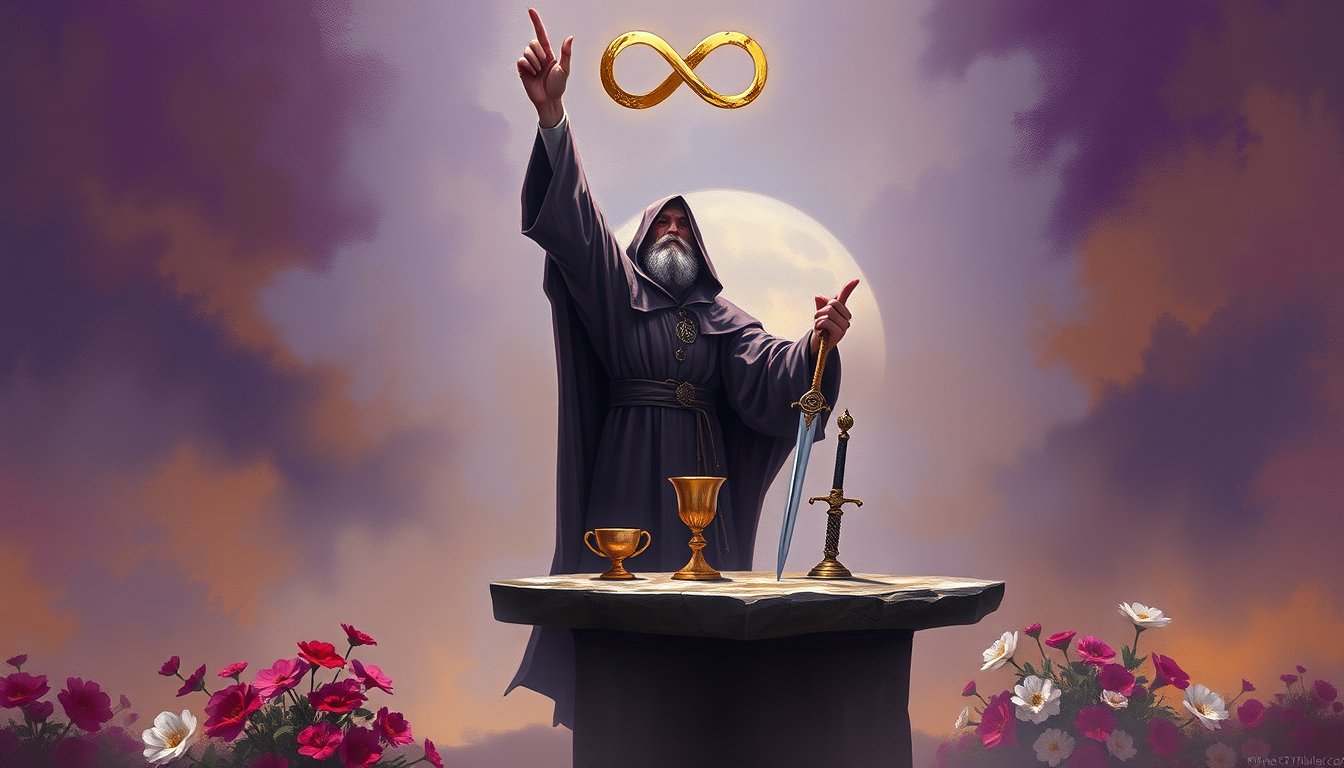Robed magician with one arm raised and tools on a stone table — The Magician tarot card, manifesting and willpower