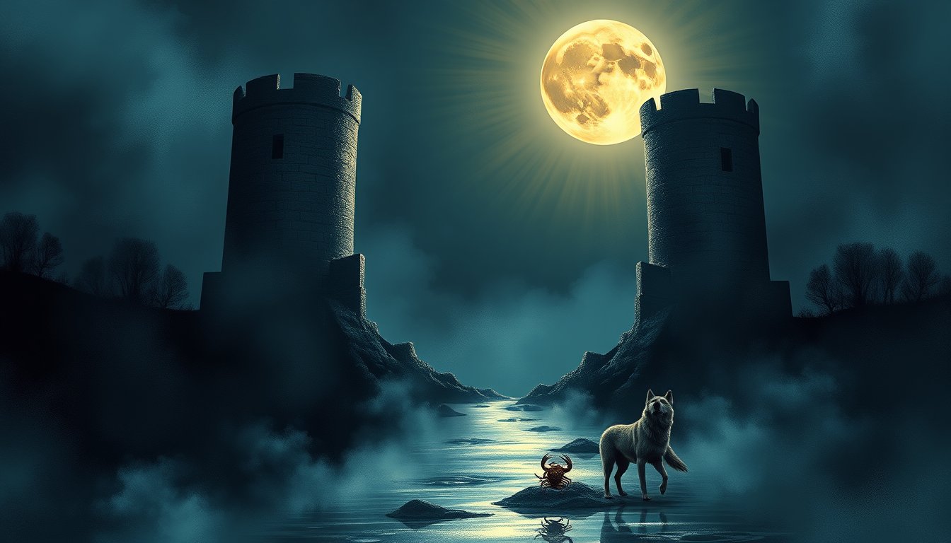 Glowing full moon over two stone towers with a dog and wolf howling — The Moon tarot card, intuition and illusion