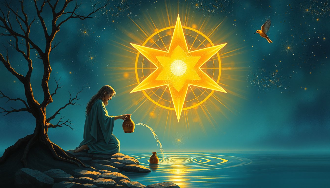 Kneeling figure pouring water into a pool beneath a giant eight-pointed star — The Star tarot card, hope and healing