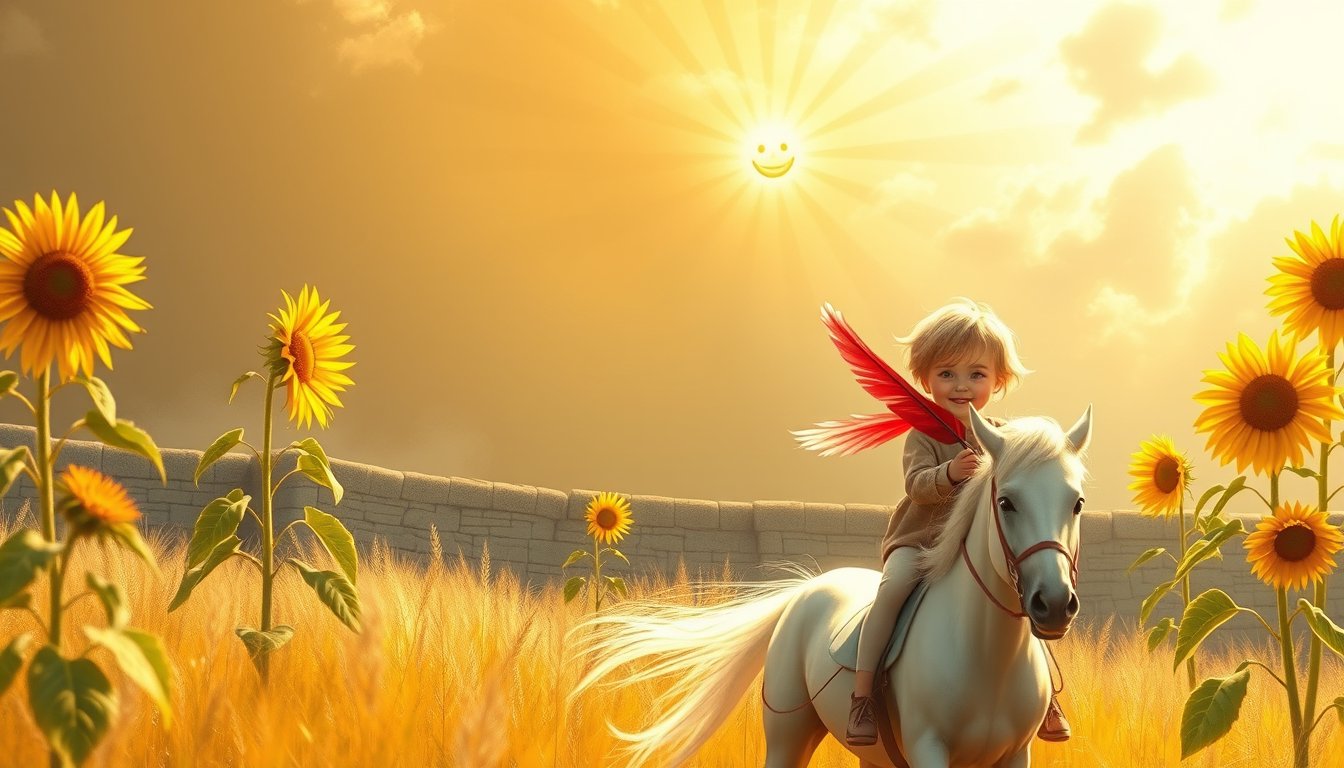 Radiant smiling sun over a happy child riding a white horse — The Sun tarot card, joy and success