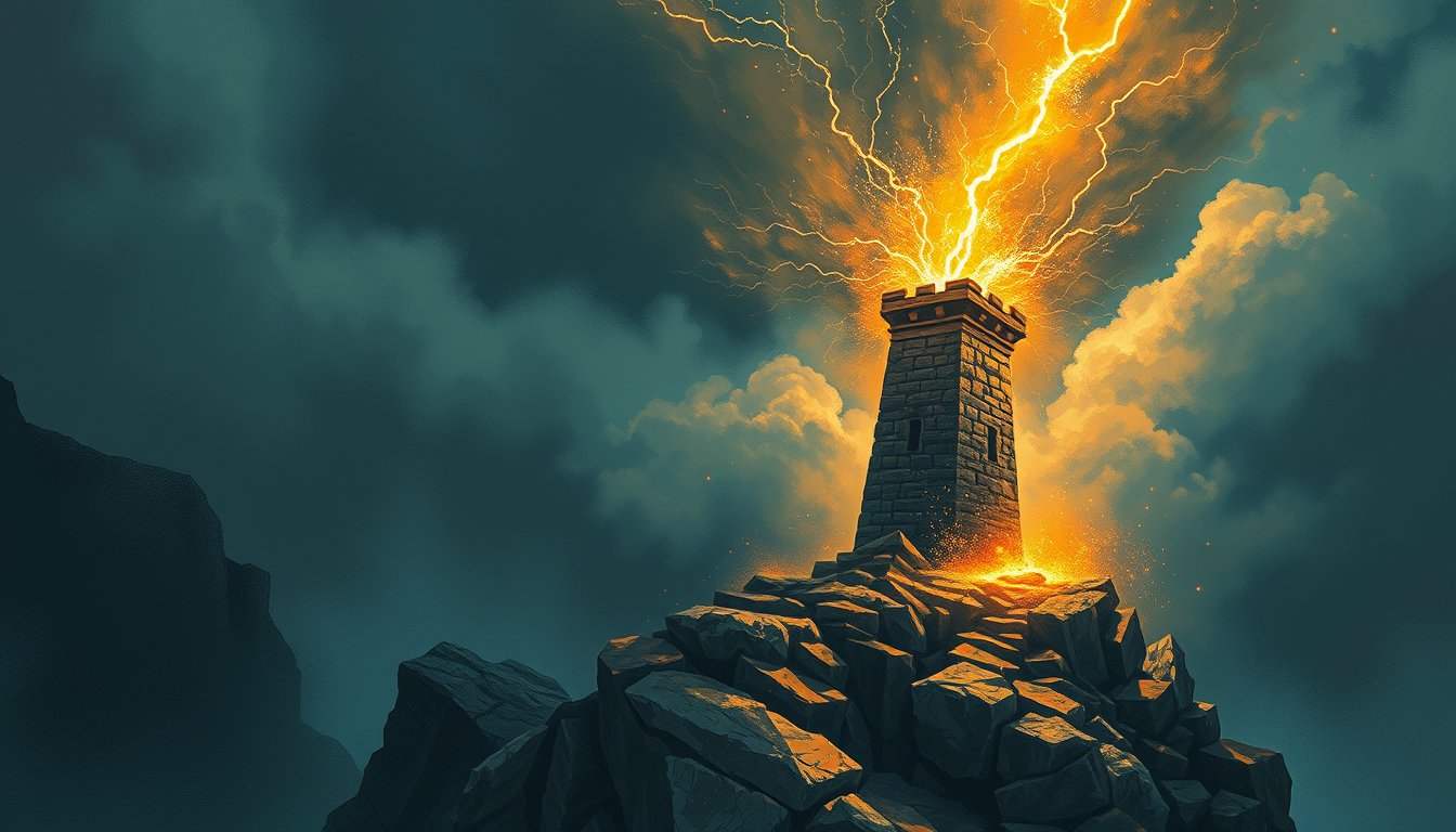 Stone tower on a cliff struck by lightning with a crown toppling — The Tower tarot card, upheaval and revelation