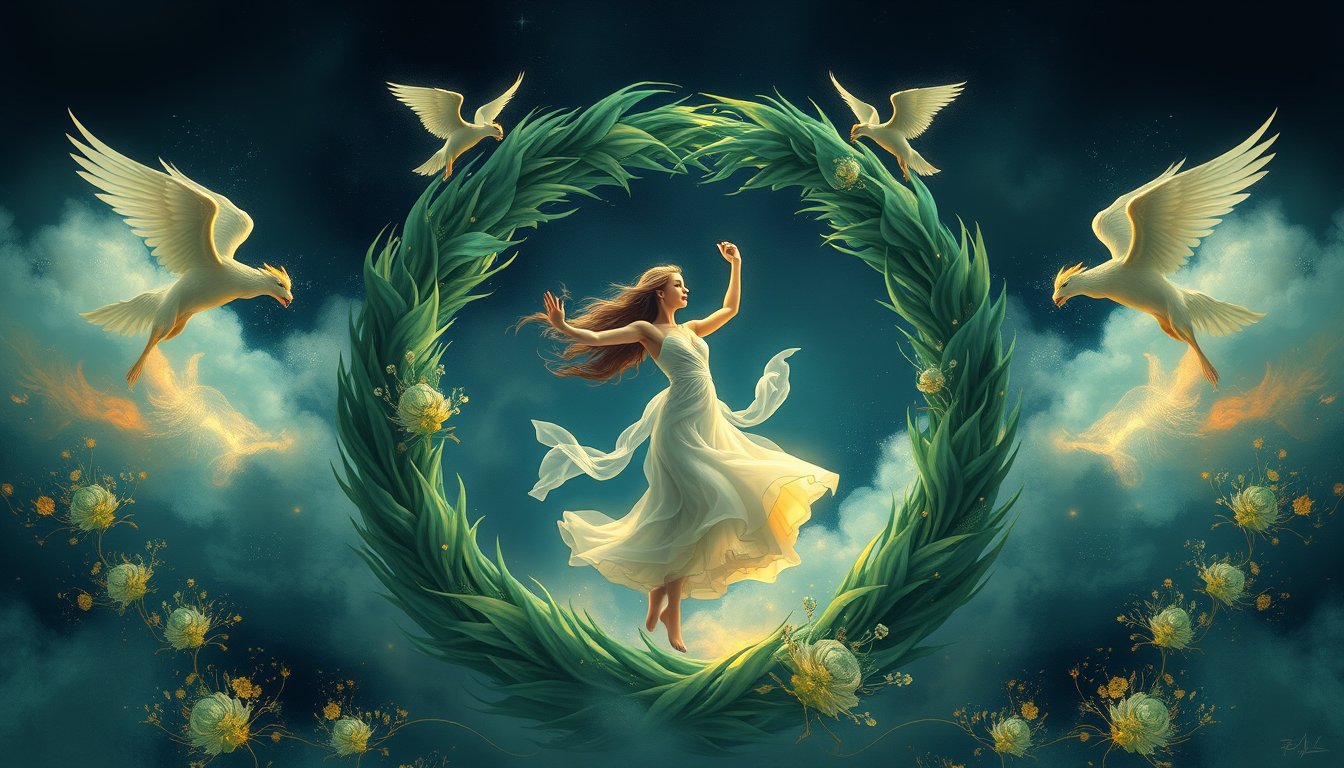 Graceful figure dancing inside a large green wreath with four winged creatures — The World tarot card, completion and wholeness