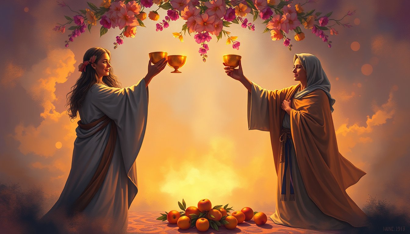 Three figures raising golden cups in celebration under a garland of flowers — Three of Cups tarot card, friendship and joy