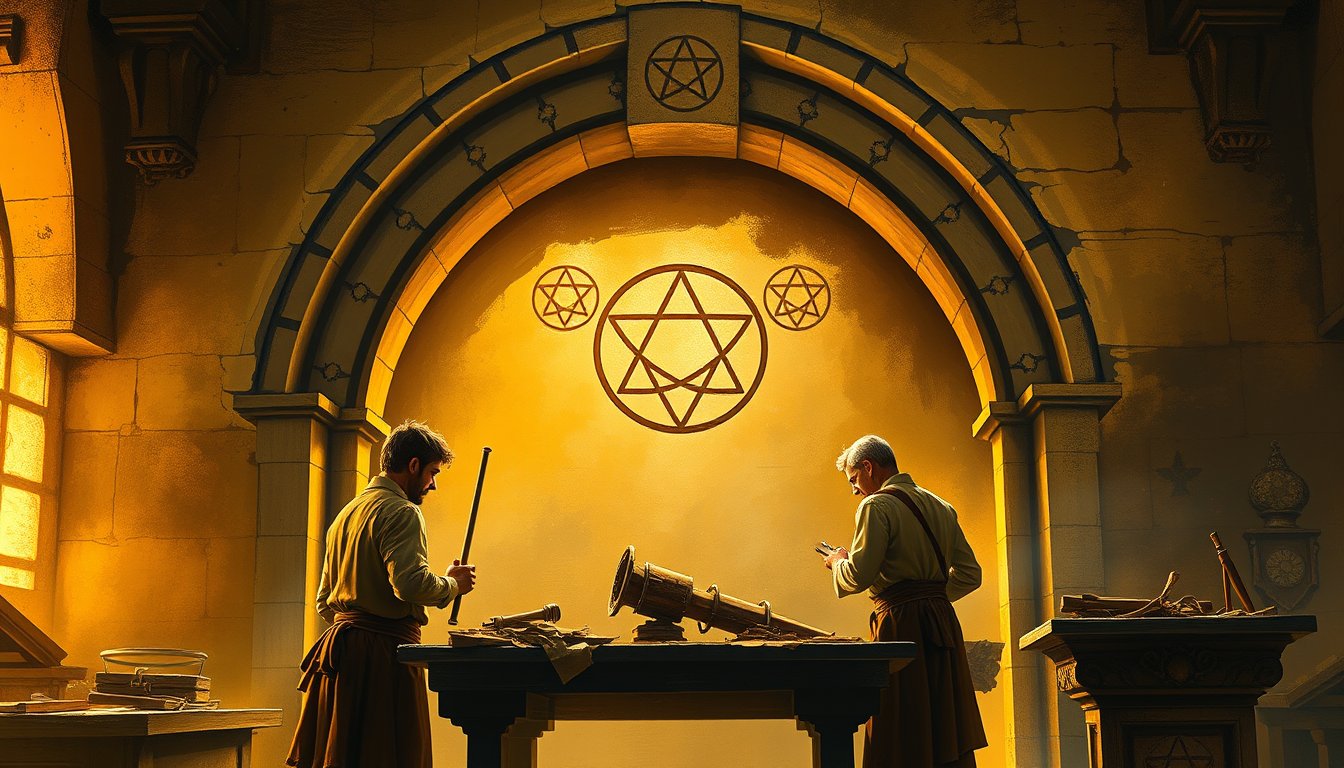 Three craftspeople working on a cathedral arch with three pentacles — Three of Pentacles tarot card, teamwork and craftsmanship