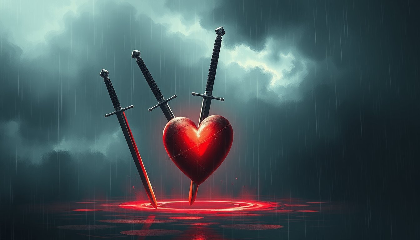 Three swords piercing a floating red heart under grey rain clouds — Three of Swords tarot card, heartbreak and grief