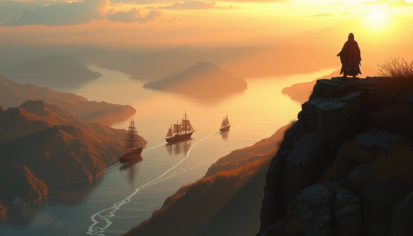 A figure on a cliff watching ships sail past three planted staves — Three of Wands tarot card, expansion and foresight