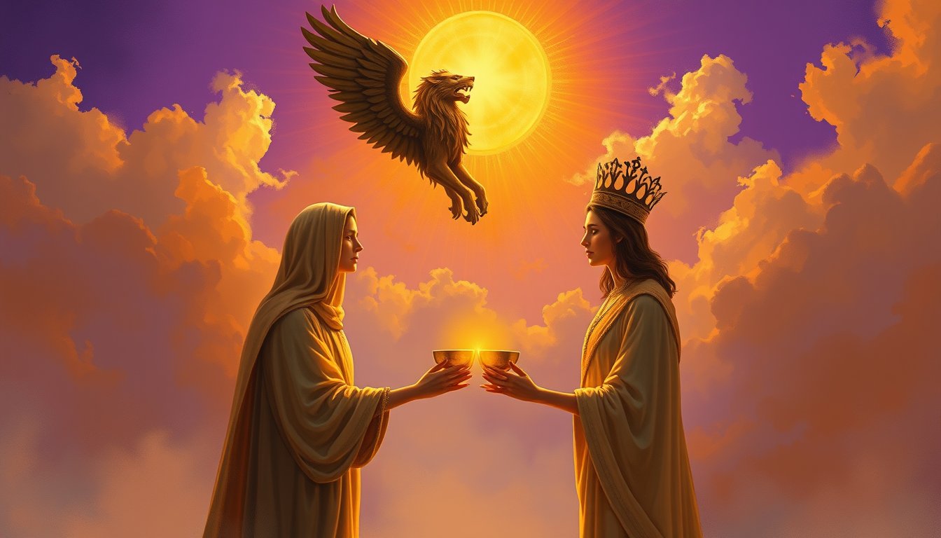 Two people holding golden cups toward each other beneath a radiant sun — Two of Cups tarot card, partnership and harmony