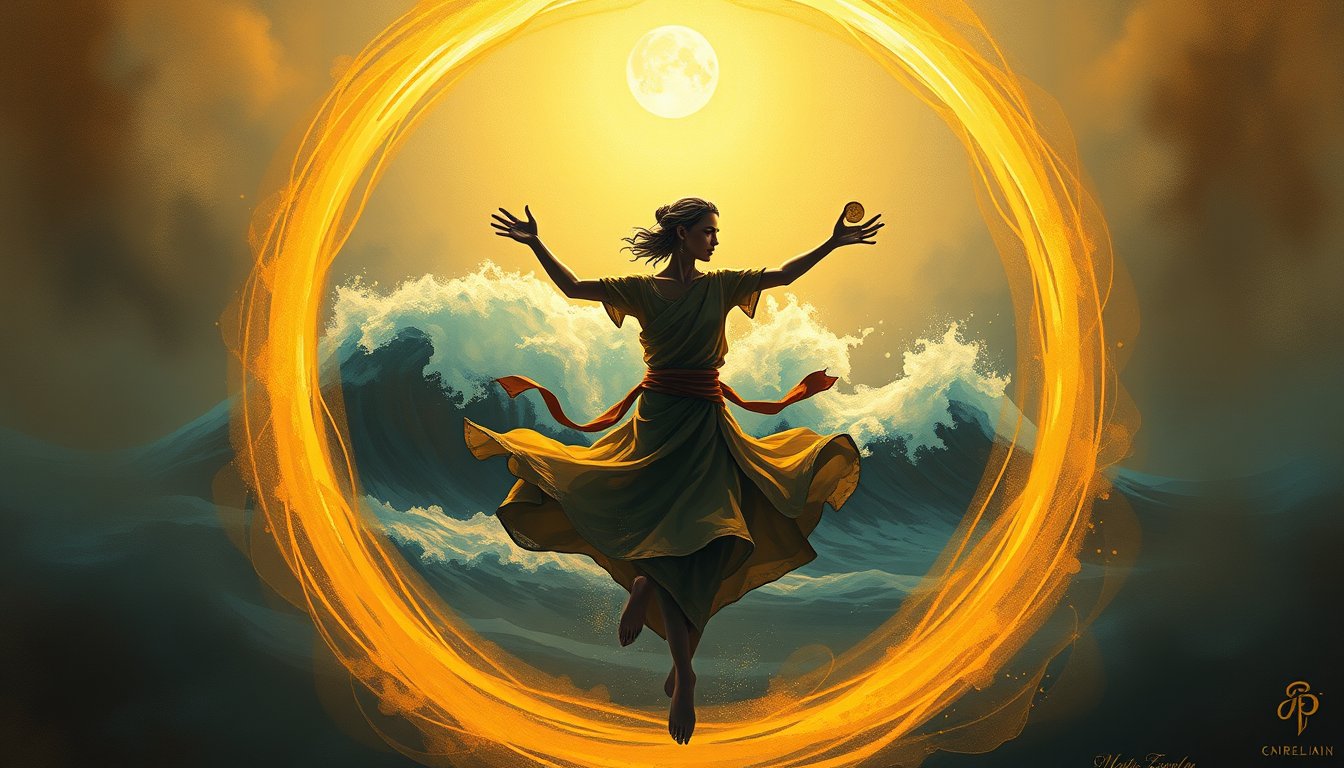 A dancer juggling two golden coins within an endless lemniscate — Two of Pentacles tarot card, balance and juggling