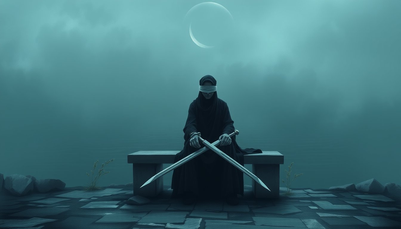 A blindfolded figure seated with crossed swords before a still sea and moon — Two of Swords tarot card, stalemate and decision