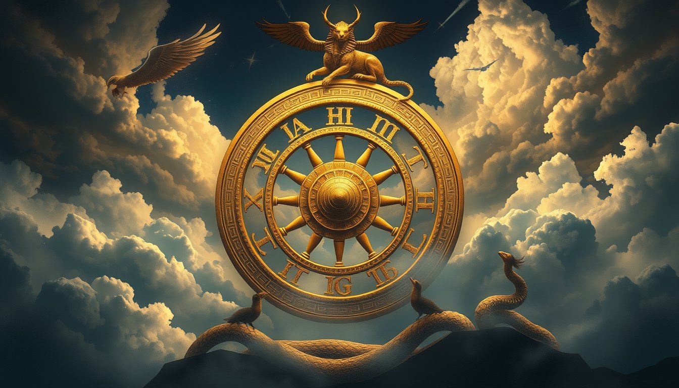 Great golden wheel inscribed with mystic symbols turning in the sky — Wheel of Fortune tarot card, cycles and destiny